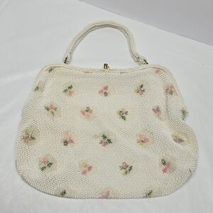 Vintage 1950s White Cream Hand Beaded Pink Green Flowers Purse Bag By Lumured